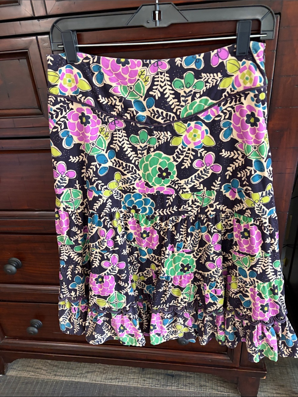Floral Tiered Black Skirt with Pink & Green Print